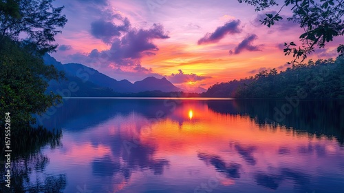 Wallpaper Mural Lagoon reflecting colorful sunrise sky, tropical nature landscape for travel, peaceful scenery or destination visuals Torontodigital.ca