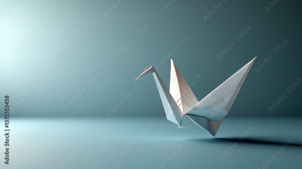 Naklejka premium Origami crane with paper bird blue background hope symbol zen art.