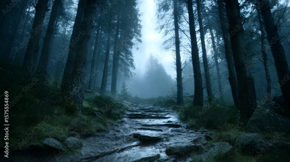 Fototapeta premium Mysterious Dark Woodland Trail Disappearing into Thick Mist for Nature Photography Exploration