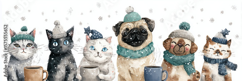Vector illustration. Dogs and Cats wearing cute Christmas accessories, watercolor paint