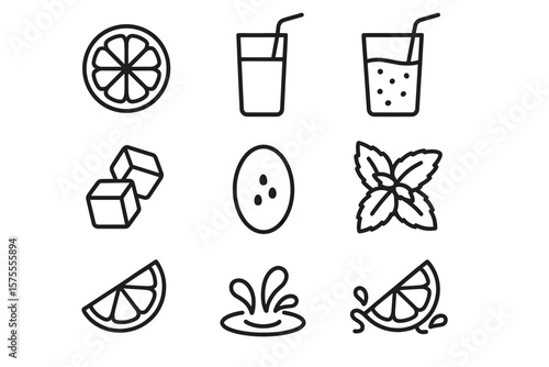 Lemon drink icon set with mint and ice cubes