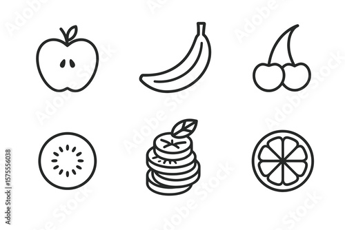 Minimalist fruit icons: apple, banana, cherry, kiwi, lemon slices