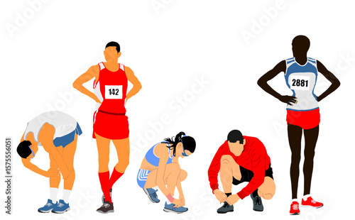 Marathon runners waiting race start vector illustration isolated. Sportsman athlete resting on finish line race wining. Players concentrates on game. Top form. Sport couple  tying laces sneakers.