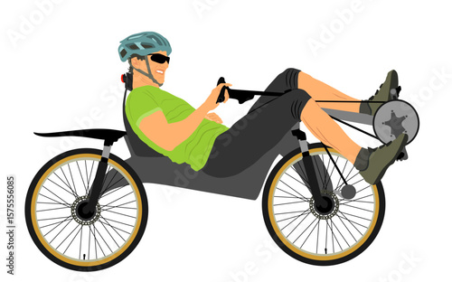 Male bicyclist lie down riding bicycle vector  illustration isolated. Sportsman race. Giro tour relaxation. Man rides recumbent bike bicycle lying down. Boy on bike with helmet. Biker racing outdoor.