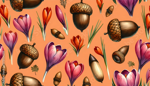 Autumn Floral Wallpaper with Crocus Flowers and Acorns.
Warm Botanical Pattern Background for Seasonal Decor.
Elegant Fall Flower and Acorn Seamless Wallpaper Design.
