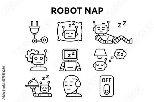 Robot nap: humorous illustrations of robots sleeping and daydreaming