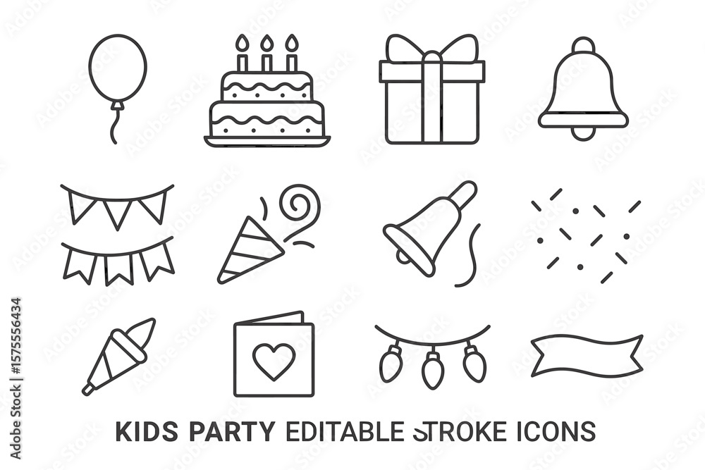 Fototapeta premium Kids party icons: balloon, cake, gift, bell, bunting, party hat, invitation