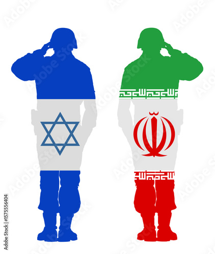 Enemy army conflict Israel soldier flag VS Iran warrior flag vector silhouette illustration isolated. War combat crisis diplomacy deal. Negotiation agreement peace strategy. Nuclear power Middle East