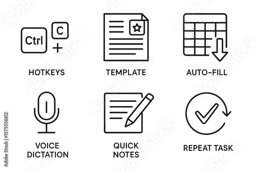 Productivity tool icons: hotkeys, template, auto-fill, voice dictation, quick notes, repeat task