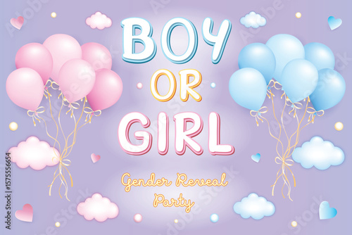Boy or girl gender reveal party, vector illustration with the words boy or girl and a bunch of pink and blue balloons on a purple background with hearts and clouds, eazy to edit