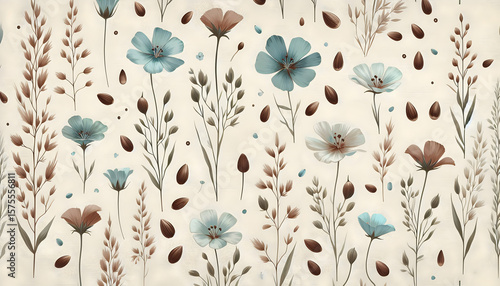 Delicate Wildflower Border with Blue and Brown Flowers.
Calm Botanical Seamless Pattern for Wallpaper.
Elegant Flax Flower and Grasses Horizontal Background.
