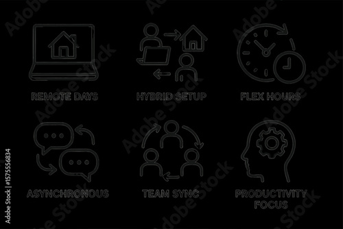 Icons illustrating remote work concepts: flex hours and hybrid setup