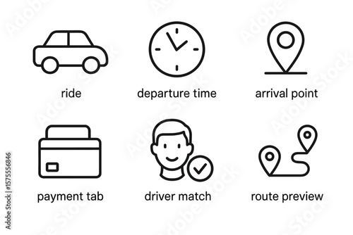 Transportation icons: ride, departure, arrival, payment, driver match, route preview