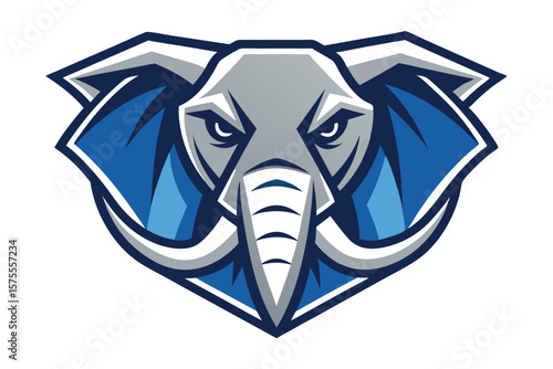 Fierce elephant mascot stares intently with its tusks and blue ears displayed prominently