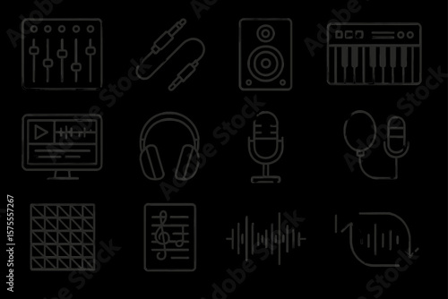 Audio equipment icons: mixer, cables, speaker, keyboard, screen, headphones, microphone, music notes