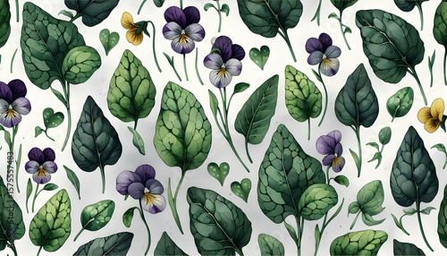 Lush Pansy Flower and Green Leaf Seamless Wallpaper.
Vibrant Botanical Background with Purple Violets.
Dramatic Floral and Leaf Pattern for Feature Walls.
