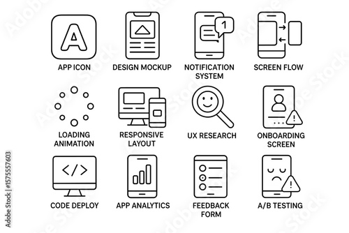 App development icons for ux/ui design including notification system and code deploy