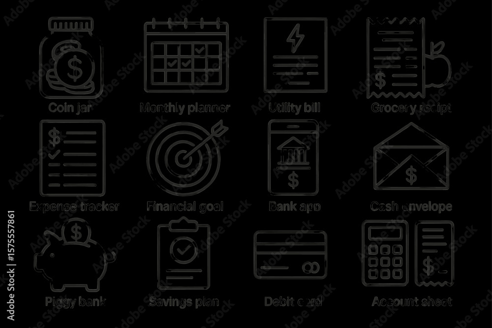 Fototapeta premium Financial planning icons: budgeting, saving, and expense management tools