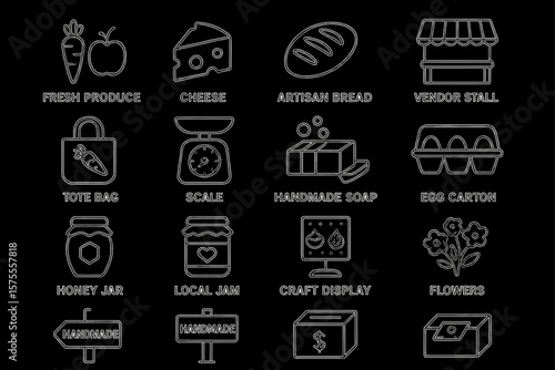 Market icons featuring fresh produce, artisan bread, handmade soap, scale, flowers
