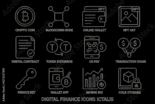 Digital finance icons: crypto, blockchain, wallets, nft, mining, contracts