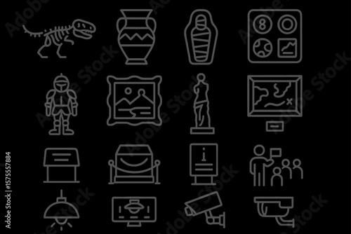 Museum icons: dinosaur fossil, artifacts, statues, security, and interactive displays