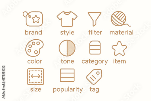 Minimalist shopping icons: brand, style, filter, material, color, tone, category, item, size, popularity, tag