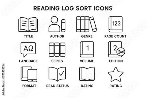 Reading log icons: title, author, genre, language, series, rating