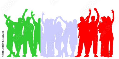 Italy flag over happy people waving hands vector silhouette illustration isolated. Boys girls tourists hand wave saying hi to host. Send off friends goodbye and come again. Family bye bye journey.