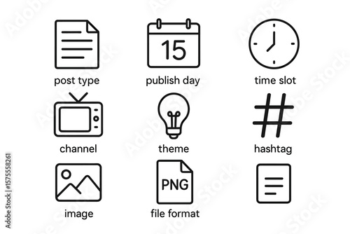 Vector icons for content scheduling: calendar, clock, theme, channel, hashtag