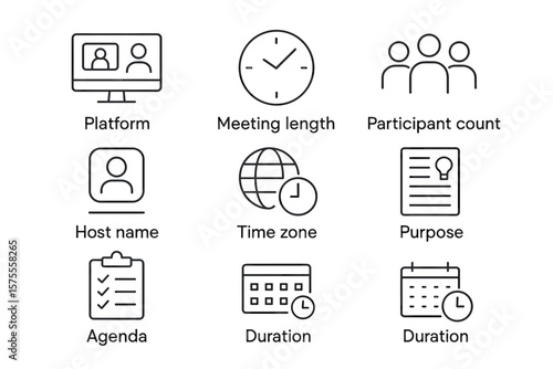 Icons for online meeting planning with agenda, participants, and timing elements