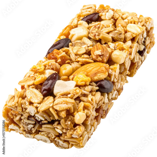 A granola bar filled with nuts, seeds, and dried fruits, showcasing a crunchy texture.