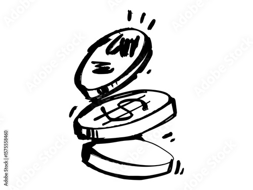 Graffiti tag of stacked coins in bold black marker line. Urban hand-drawn street art vector with expressive strokes and doodle style.
