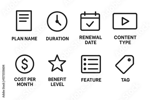 Subscription details: plan name, duration, renewal, content, cost, benefits, features, tags