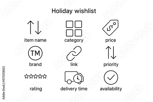Holiday wishlist icons: items, categories, price, brand, priority, rating, delivery, availability