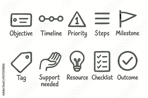 Illustrated icons for project management: objective, timeline, priority, steps, milestone, resource, checklist
