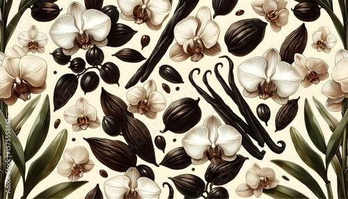Elegant Vanilla Orchid and Bean Seamless Wallpaper.
Lush Tropical Flower and Spice Botanical Background.
Sophisticated Vanilla Pattern for Luxury Decor.
