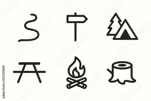 Outdoor adventure icons: camping, hiking, campfire, tent, picnic, trail signage
