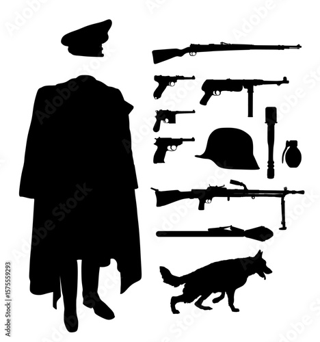 WW2 Germany officer uniform vector silhouette illustration isolated. Military clothes overcoat hat, boots. High ranked soldier symbol. Battle commander war clothing shape. Weapon rifle, gun, bomb, dog