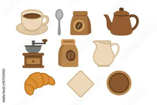 Illustrated coffee essentials and breakfast items in earthy tones