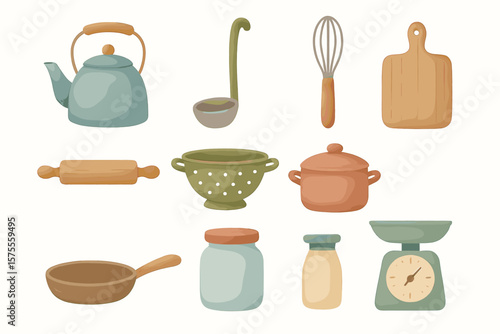 Vintage kitchen utensils collection with teapot, colander, and cooking tools