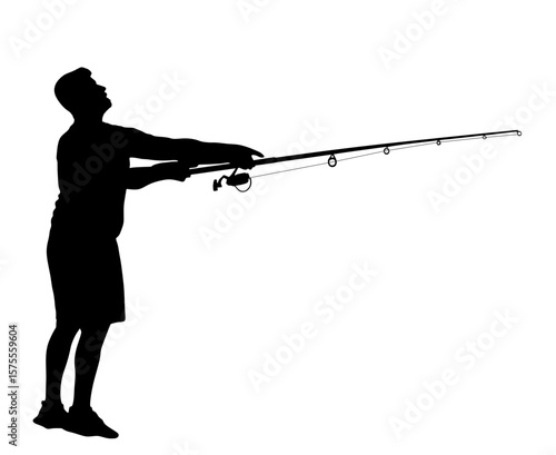 Fisherman with fishing rod in his hand catch the fish vector silhouette illustration isolated. Outdoor leisure fishing sport activity. Hobby by water in nature. Fisher man go to river, lake or sea.