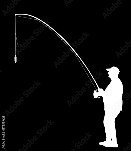 Fisherman with fishing rod in his hand catch the fish vector silhouette illustration isolated. Outdoor leisure fishing sport activity. Hobby by water in nature. Fisher man go to river, lake or sea.
