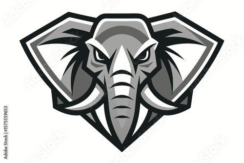 Stern gray elephant mascot logo possesses a bold, sharp, and commanding animal presence