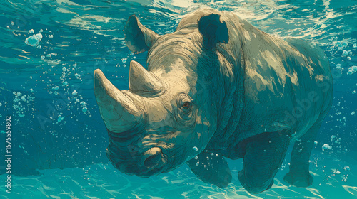Rhino Swimming in the Water. Generative AI