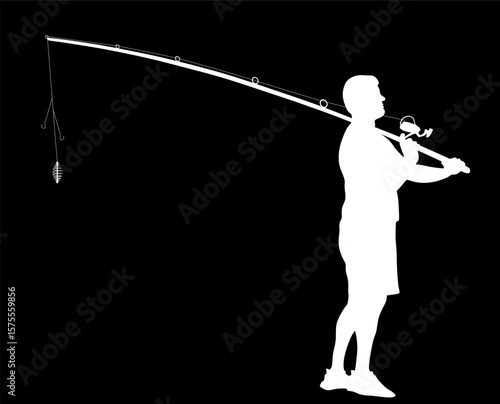 Fisherman with fishing rod in his hand catch the fish vector silhouette illustration isolated. Outdoor leisure fishing sport activity. Hobby by water in nature. Fisher man go to river, lake or sea.
