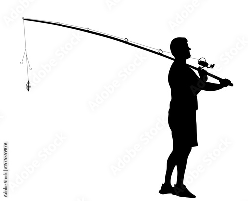 Fisherman with fishing rod in his hand catch the fish vector silhouette illustration isolated. Outdoor leisure fishing sport activity. Hobby by water in nature. Fisher man go to river, lake or sea.