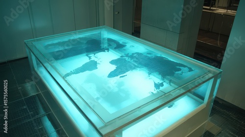Illuminated acrylic display case with a world map.
