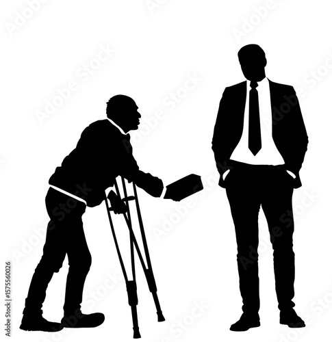 Street homeless beggar with crutches begging for money from businessman vector silhouette illustration isolated. Disabled person. Poor hungry invalid need help for food. Stressful social public scene.