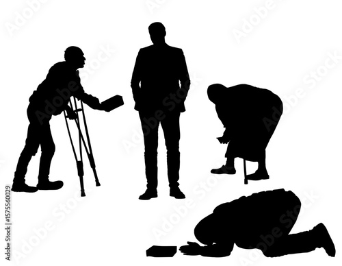 Street homeless beggar with crutches begging for money from businessman vector silhouette illustration isolated. Poor hungry people need help for food. Stressful social public scene rich man miserable