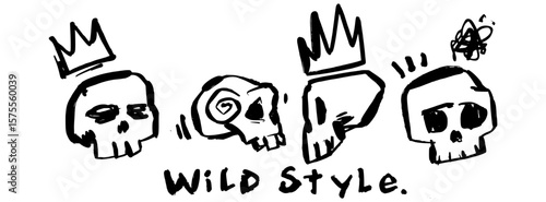Set of graffiti skulls with crown and bold tags like “WILD STYLE”. Hand-drawn black vector with raw street art energy.
